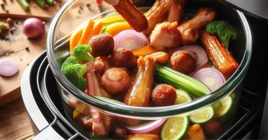 food in glass under the air fryer basket